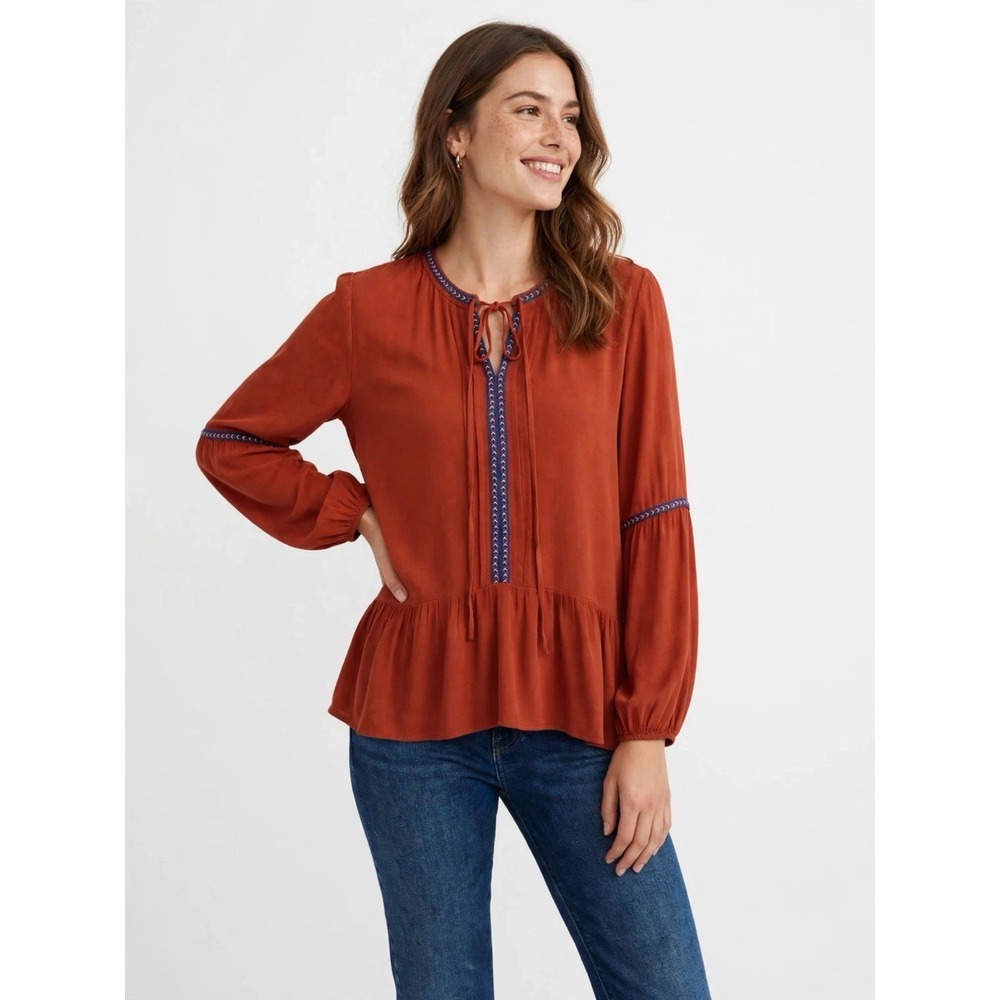 Ro And De Rust Orange Peasant Blouse Boho Embroidered Long Sleeve Top Small